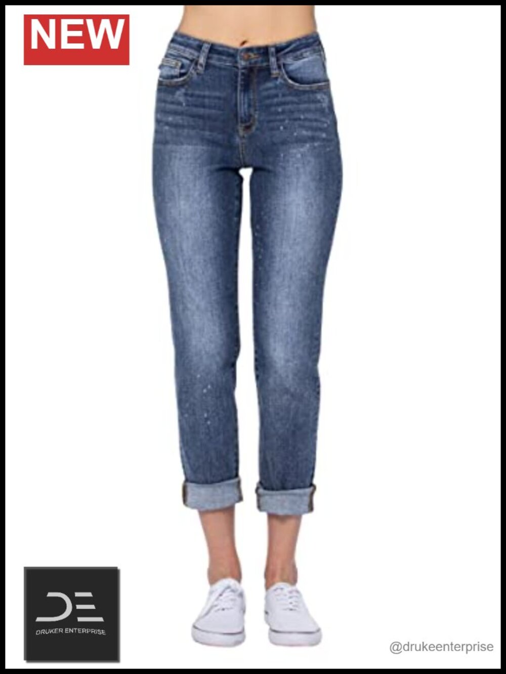 High-Rise Boyfriend Jeans with Bleach Splash Detail, Rolled-Cuff, Stretchable
